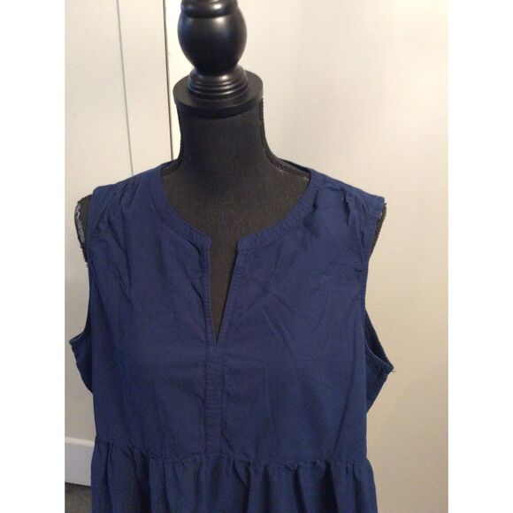 Navy Blue Shift Sleeveless Plus size XXL Dress Cotton V Neck Lace Edging - Picture 5 of 6